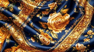 蓝底金玫瑰奢华丝绸布料