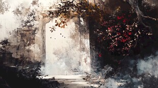 梦幻雾中拱门与繁花之景