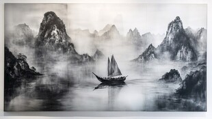 水墨山水间的孤舟