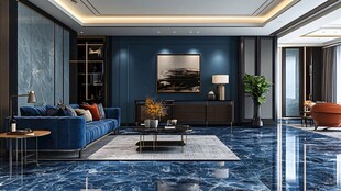 现代奢华蓝色调客厅空间