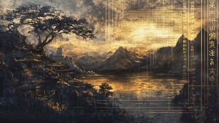 中式山水黄昏意境图景