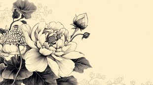 中式花卉黑白手绘插画