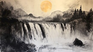 日落瀑布山水意境画