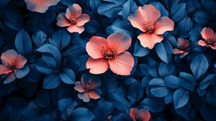 蓝底粉花梦幻花卉图案