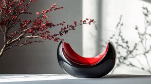 半月形红黑摆件与花枝