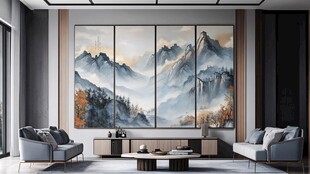 现代客厅中的山水艺术壁画
