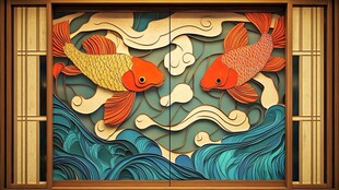 中式双鲤木雕装饰画