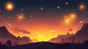 夜空下的绚烂烟火与山峦