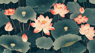 中式水墨风荷花荷叶图案