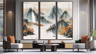 中式客厅三联山水装饰画