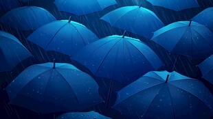 蓝色雨伞雨中密集排列