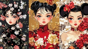 古风美人插画 花卉相伴