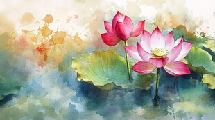 水墨风双莲绽放