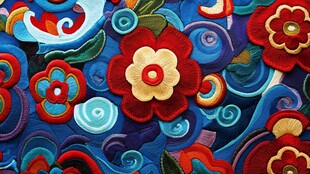 多彩刺绣花卉图案特写