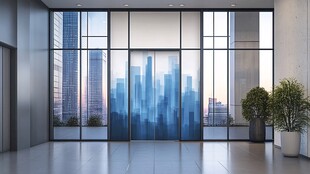 现代宽敞大厅外城市景观