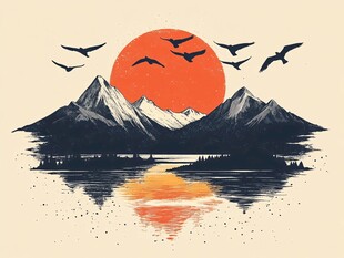 夕阳群山飞鸟湖面美景