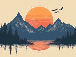 夕阳下的山水飞鸟美景