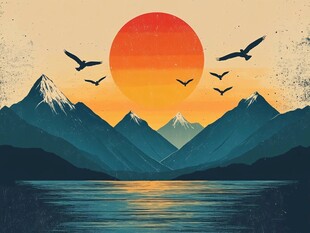 夕阳下的山水飞鸟美景