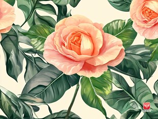 粉色玫瑰与绿叶插画图案