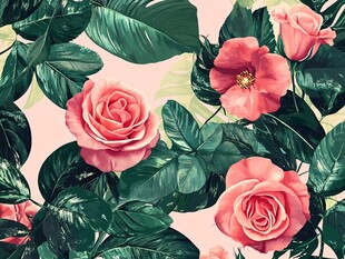 粉色玫瑰与绿叶花卉图案