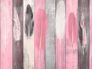 粉色木板上的多彩羽毛