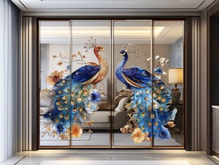 双孔雀中式精美玻璃门画
