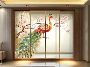 中式孔雀花卉屏风装饰画