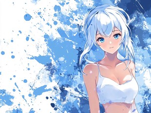 蓝发少女的清新水彩形象