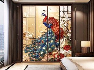中式卧室孔雀花鸟屏风美景