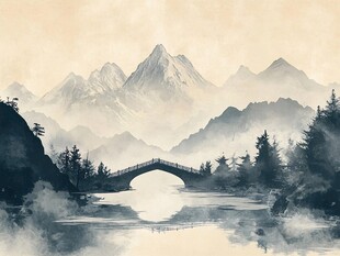 水墨山水间的桥畔景致