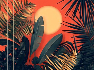 热带夕阳下的繁茂植物景观