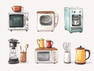 手绘厨房电器与用具集合