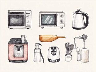 手绘厨房电器与工具集合