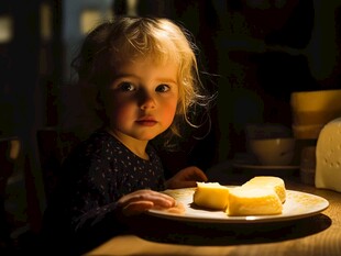 小女孩专注凝视盘中食物