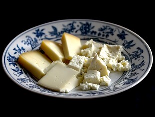 蓝白瓷盘上的多样奶酪