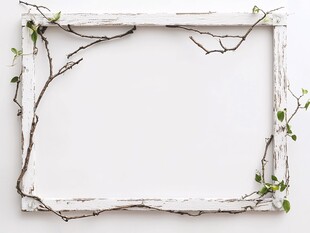 白木相框缠绕嫩绿枝蔓