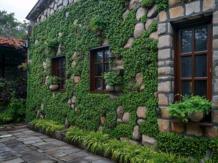 石墙绿植环绕的静谧小屋