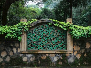 中式园林浮雕景墙绿意浓