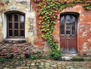 古旧砖墙爬满翠绿藤蔓