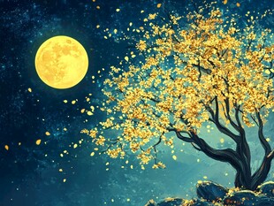月夜下的金黄树影