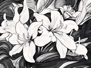 黑白线条百合花艺术插画