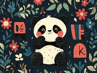 可爱熊猫置身缤纷花草间