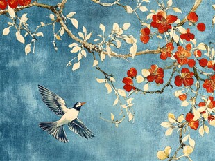蓝底花鸟图 灵动自然之美