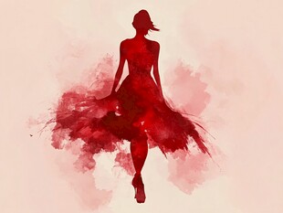 红衣女子的梦幻水彩剪影