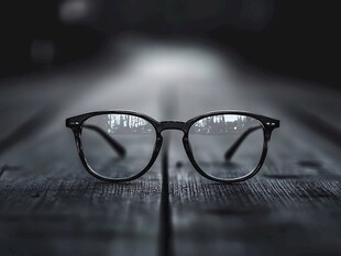 复古眼镜置于木质桌面上