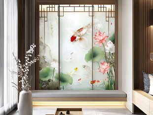 中式屏风锦鲤荷花装饰画