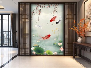中式玄关九鱼荷花装饰画