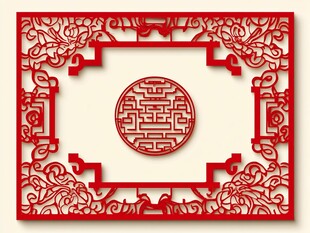 中式红色镂空雕花装饰图案