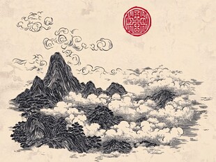 水墨云山古韵意境图