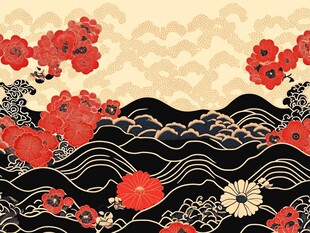 日式花卉海浪纹图案设计